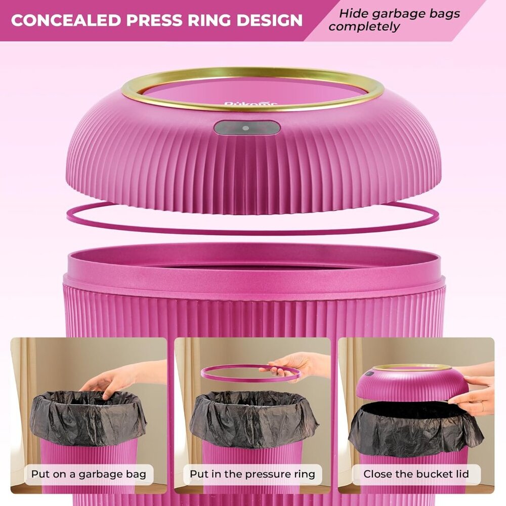 Pukomc Smart Sensor Wastebasket Hand Free Touchless 2.6 Gallon Pink - Picture 2 of 7